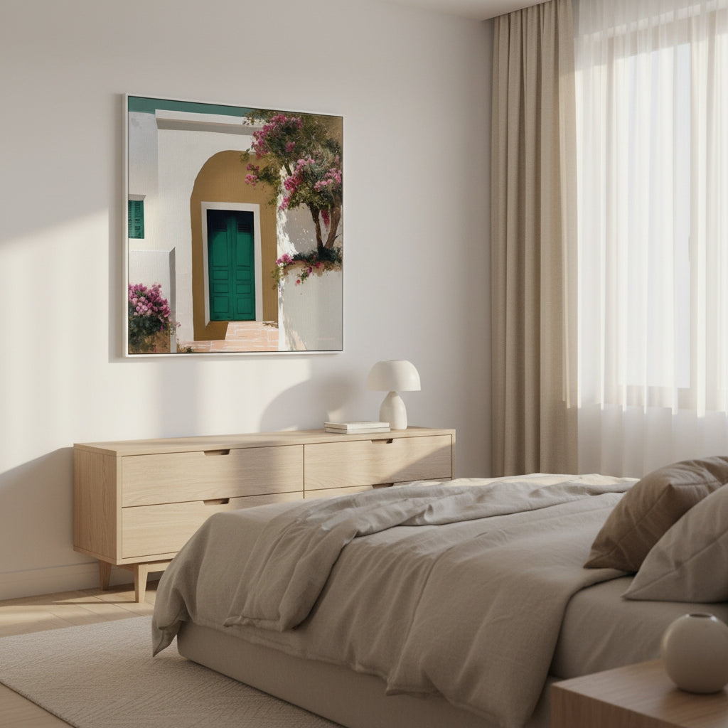 Modern bedroom with a dresser, bed, and decorative mirror.