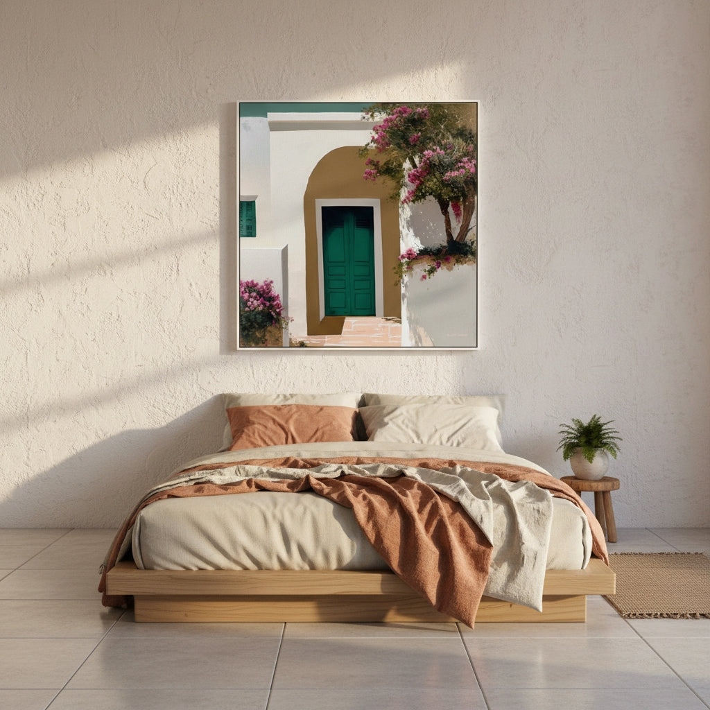 Bedroom with wooden bed, peach-colored blanket, and framed artwork on the wall.