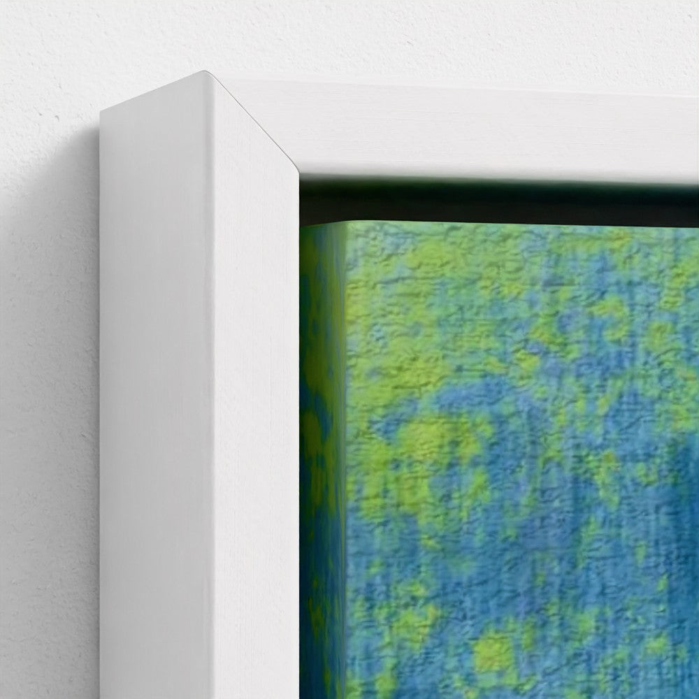 Close-up of a textured blue and green painting with a white frame.