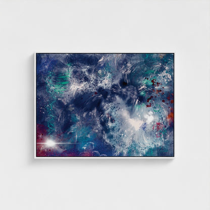 Abstract art piece with swirling colors on a white background