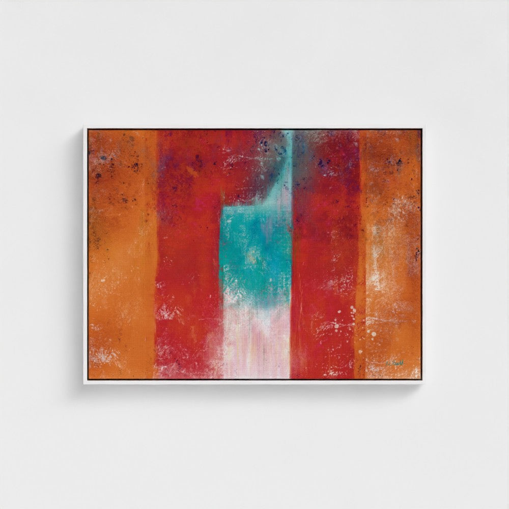 Abstract art piece with red, orange, and teal colors on a white background