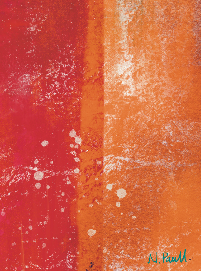 Abstract art with red and orange colors and white speckles, signed N. Paul.