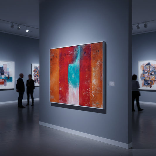 Art gallery with abstract paintings on gray walls and visitors observing.