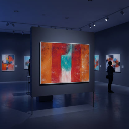 Art gallery with a large abstract painting on a gray platform, surrounded by other artworks.