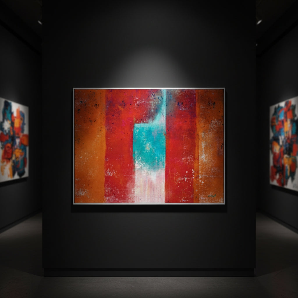 Abstract art piece with vibrant colors in a darkly lit gallery setting