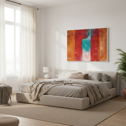 Modern bedroom with a bed, abstract painting on the wall, and natural light.
