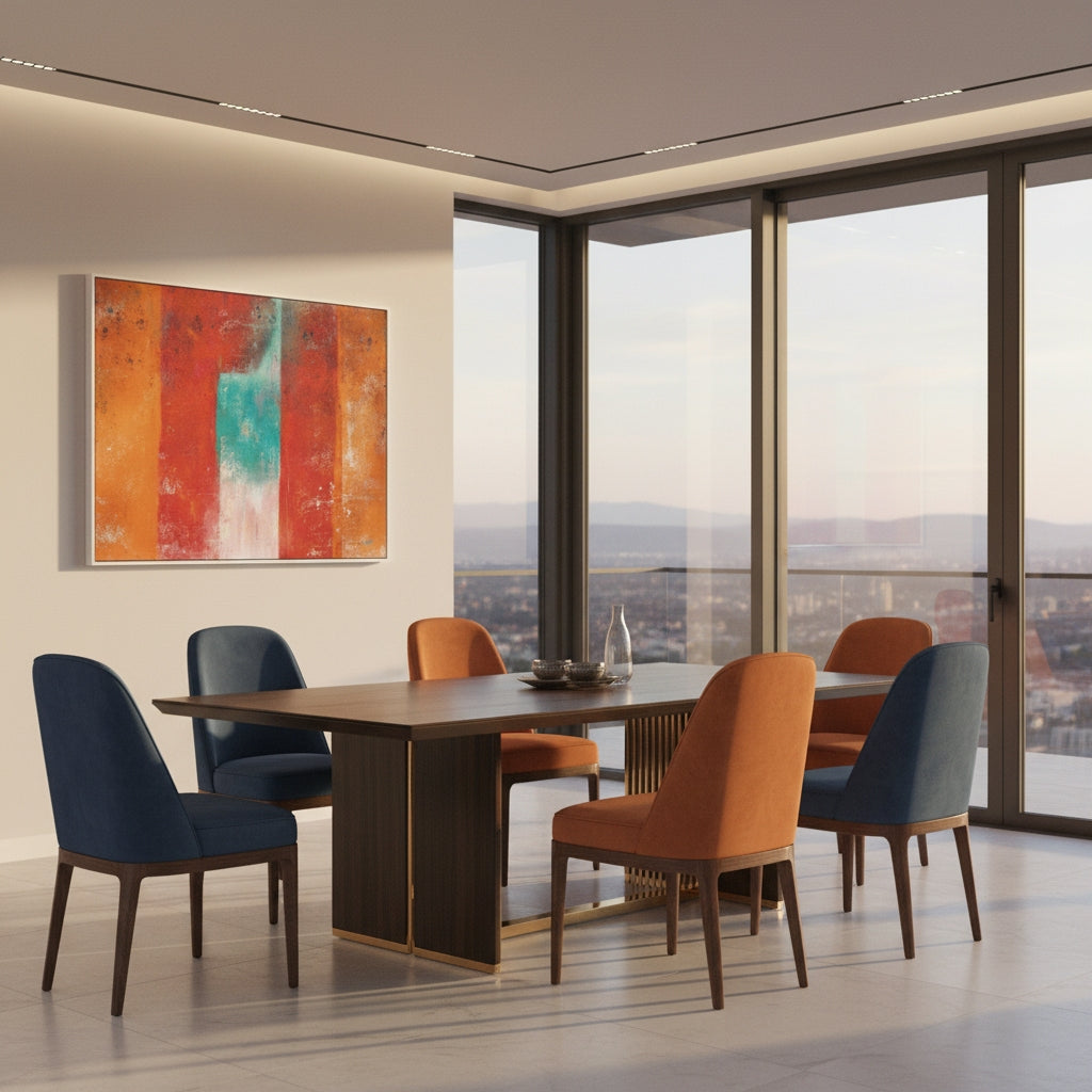 Modern dining room with a large window view, wooden table, and colorful chairs.