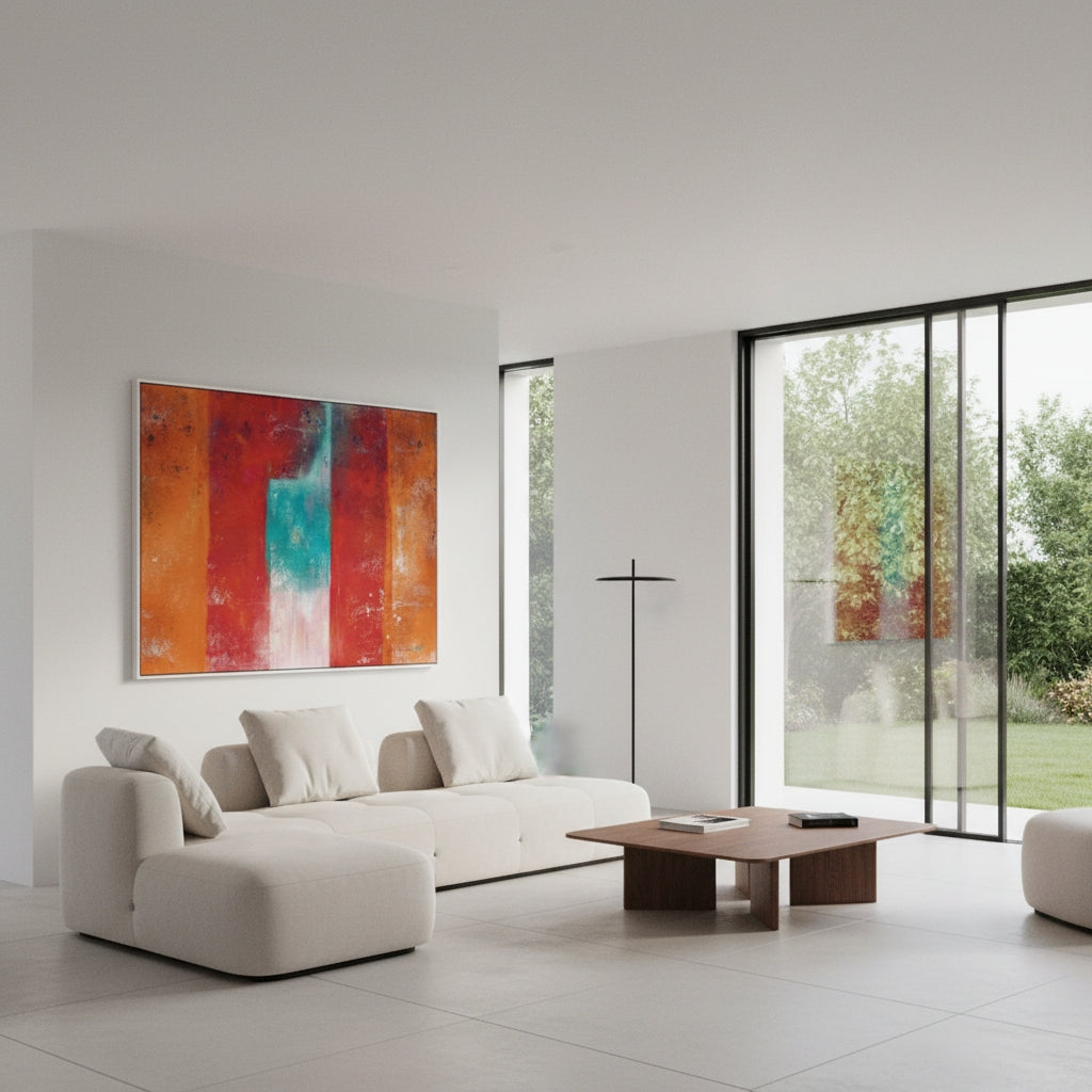 Modern living room with a white sofa, wooden coffee table, and abstract painting on a white wall.