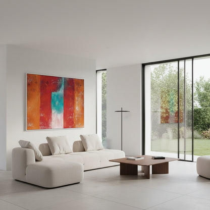 Modern living room with a white sofa, wooden coffee table, and abstract painting on a white wall.