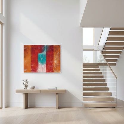 Modern interior with a colorful abstract painting on a wall above a wooden console table.