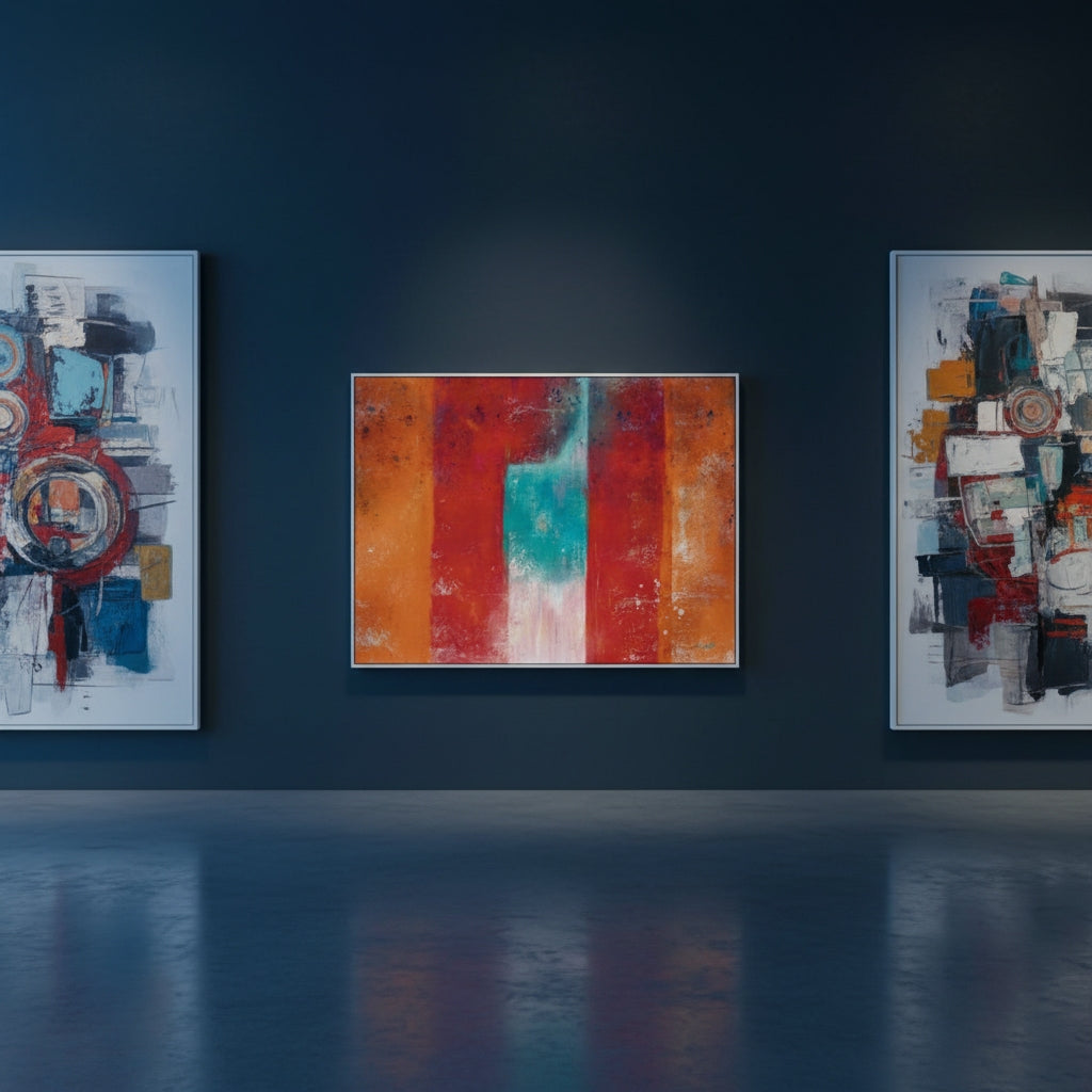 Three abstract paintings on a dark blue wall