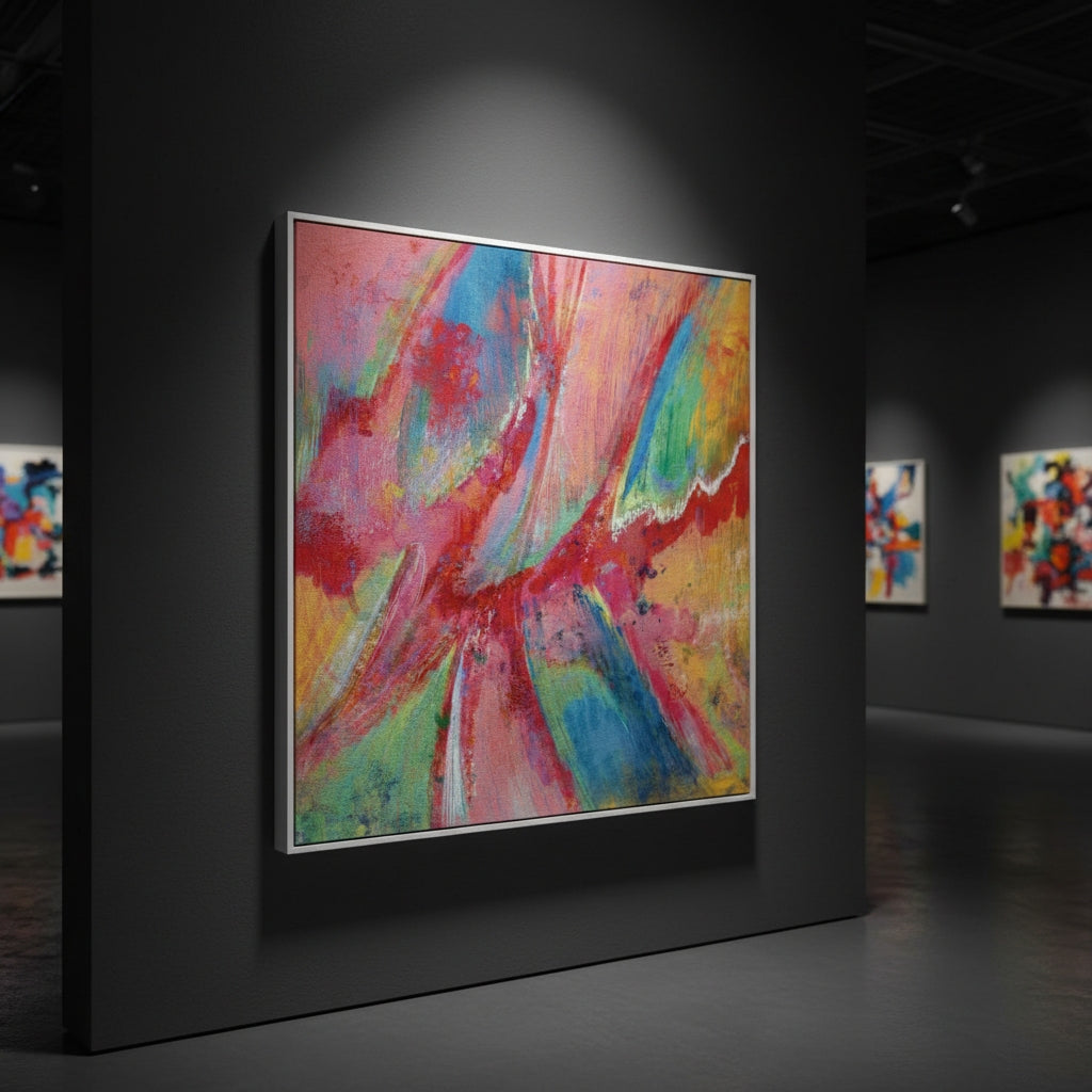 Colorful abstract painting in a dark gallery setting