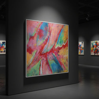 Colorful abstract painting in a dark gallery setting