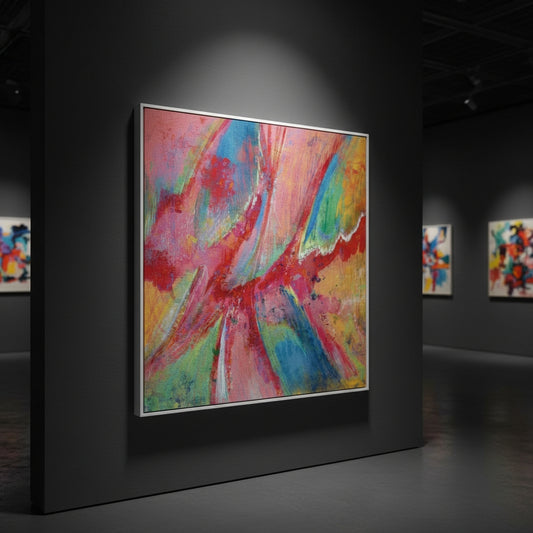 Colorful abstract painting in a dark gallery setting