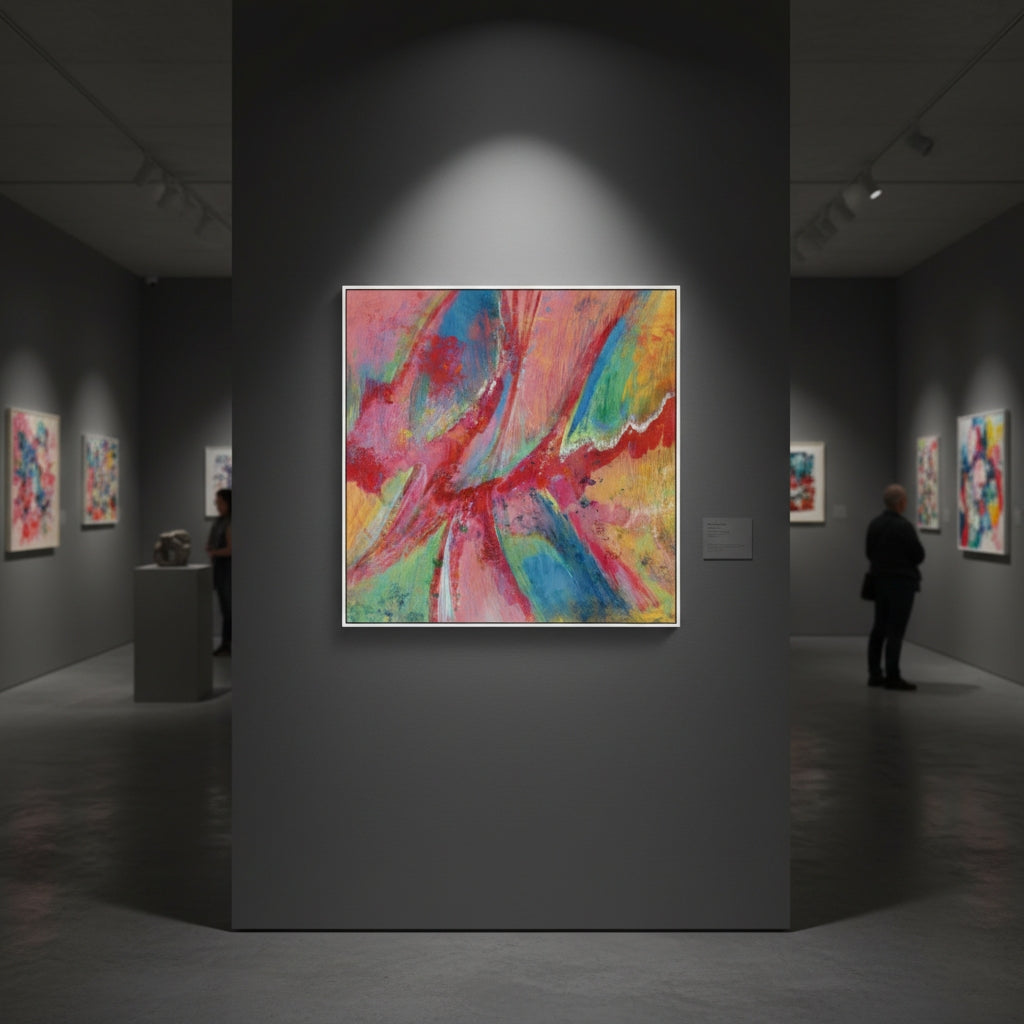 Art gallery with a colorful abstract painting on a gray wall