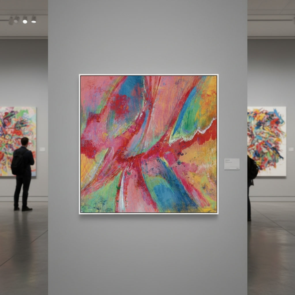 Colorful abstract painting in a gallery setting with other artworks and visitors.