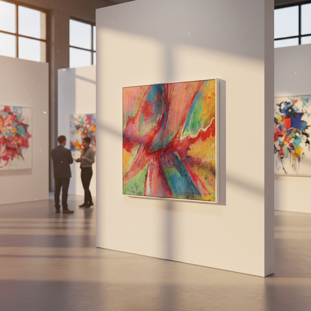 Colorful abstract painting in a gallery setting with two people observing.