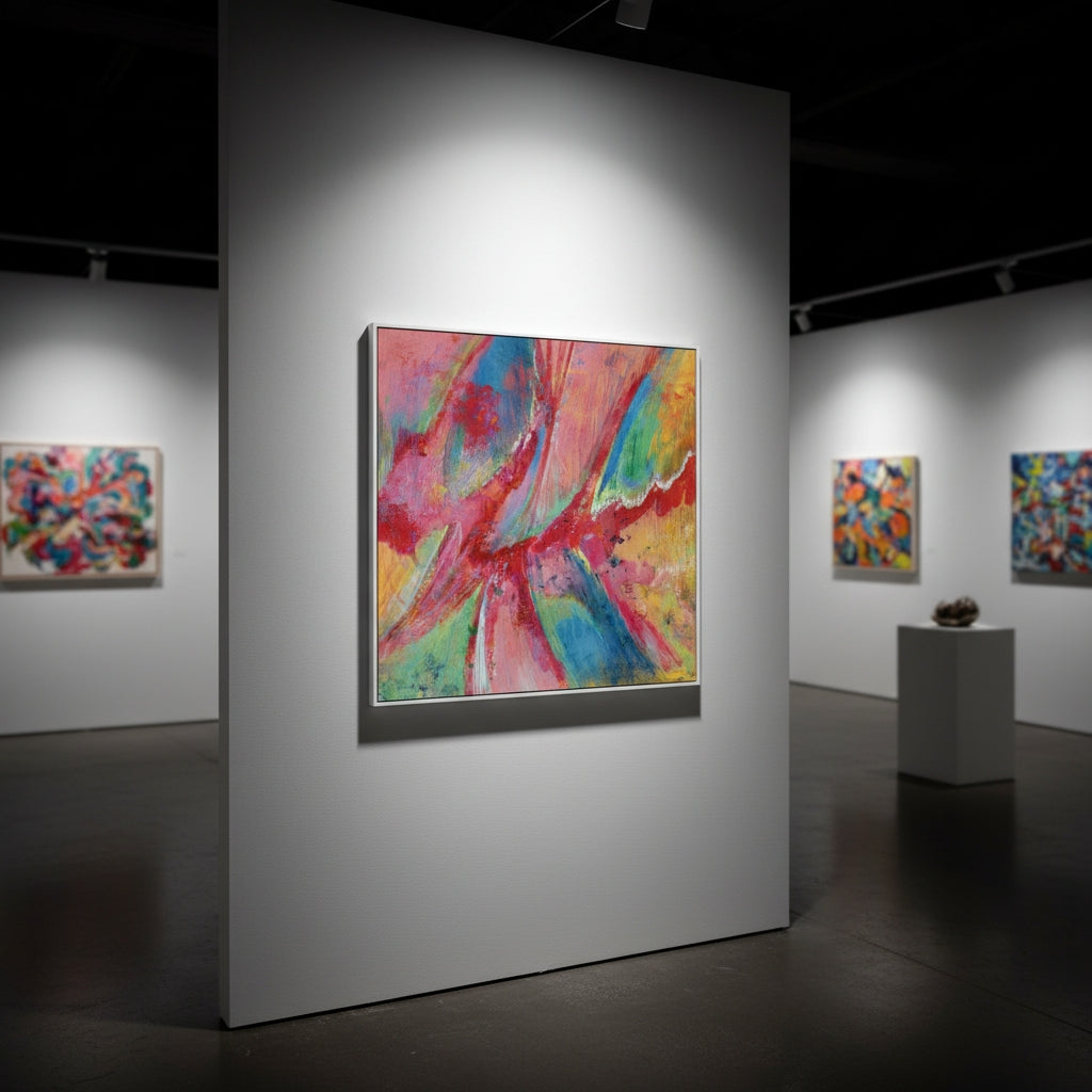 Art gallery with abstract paintings on white walls