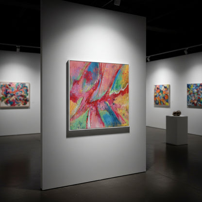 Art gallery with abstract paintings on white walls