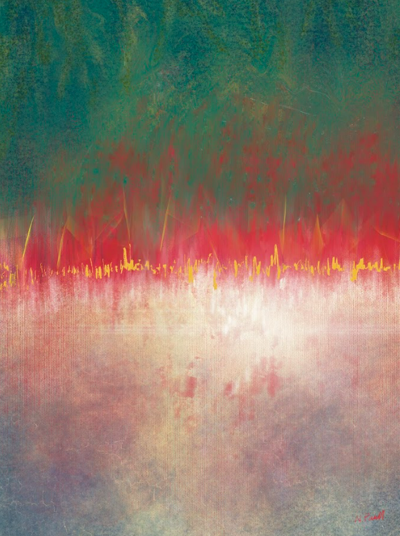 Abstract artwork with a gradient of red, orange, and blue hues.
