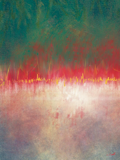 Abstract artwork with a gradient of red, orange, and blue hues.