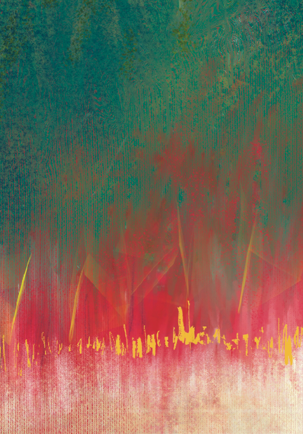 Abstract art with red, green, and yellow colors