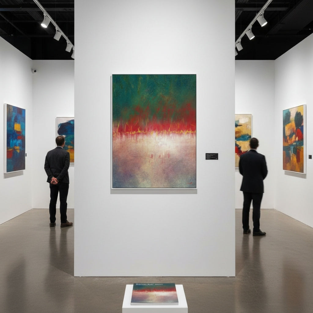 Art gallery with abstract paintings on white walls and people observing the art.