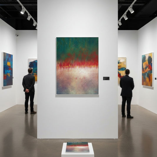 Art gallery with abstract paintings on white walls and people observing the art.