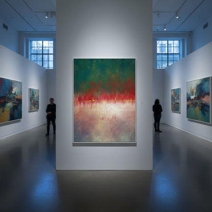 Art gallery with abstract paintings on white walls and people observing the art.