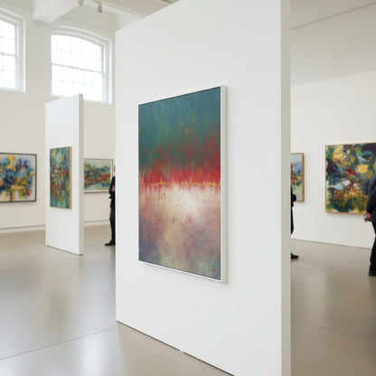 Art gallery with abstract paintings on white walls
