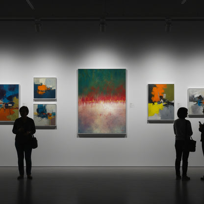 Art gallery with abstract paintings on a wall, silhouettes of people observing the art.