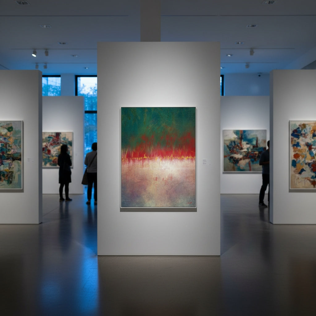 Art gallery with abstract paintings on white walls and people observing the art.