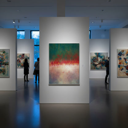 Art gallery with abstract paintings on white walls and people observing the art.