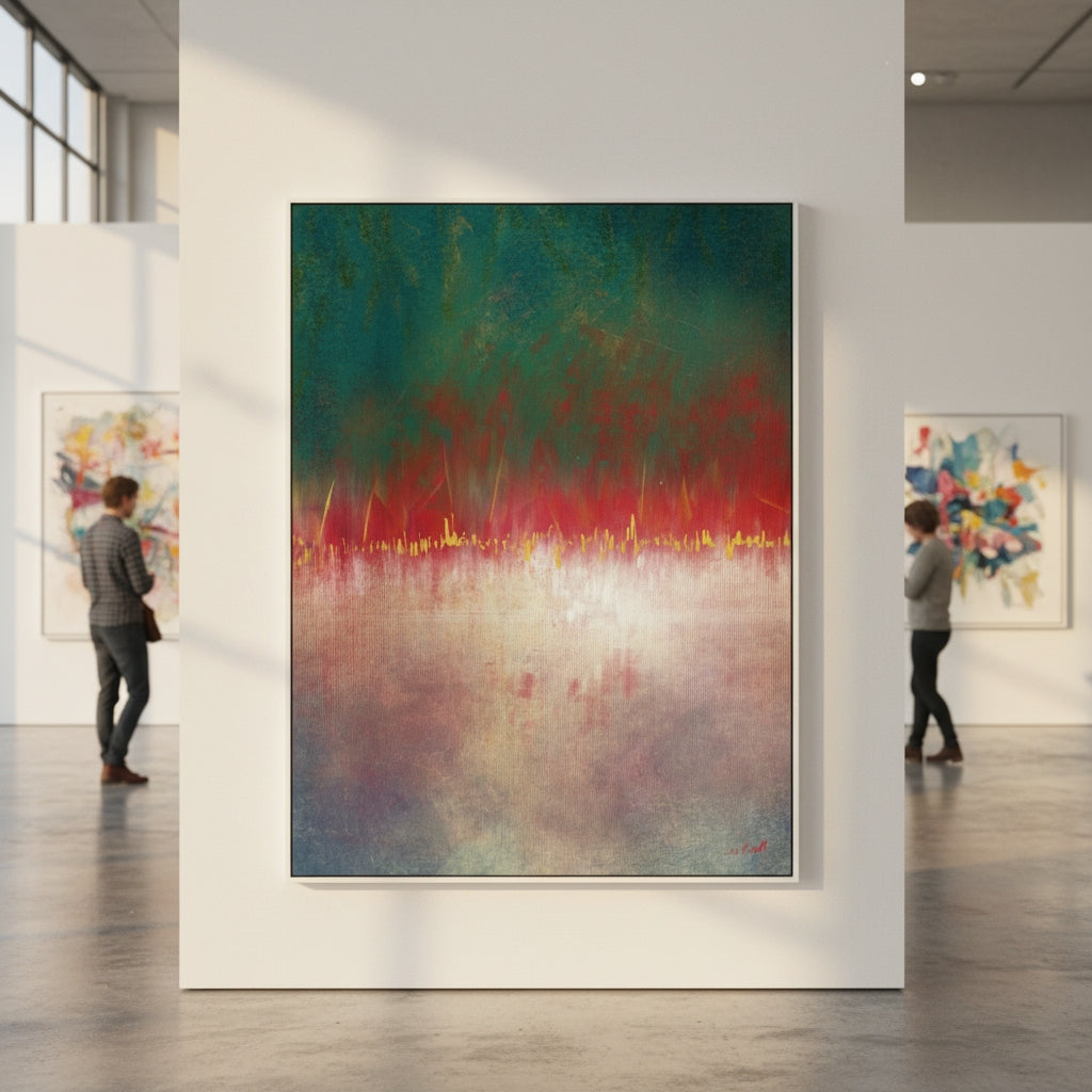 Abstract painting in a gallery with two people observing other artworks.