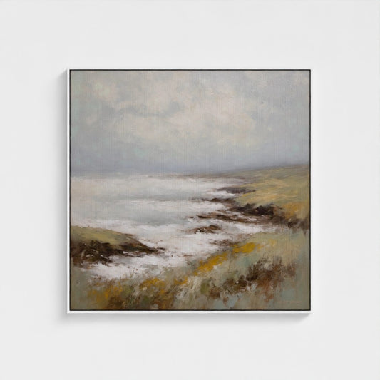 Framed painting of a coastal landscape with waves and sky.