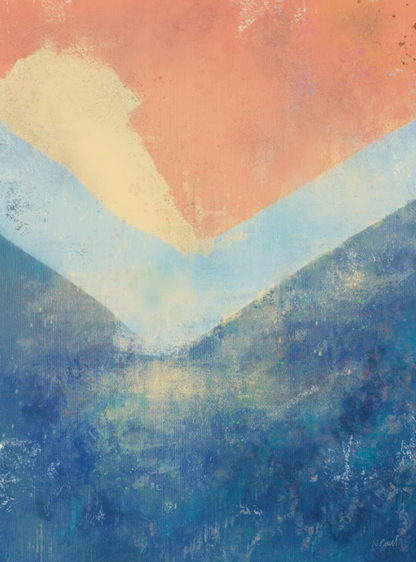 Abstract art with a geometric design featuring orange, blue, and white colors.