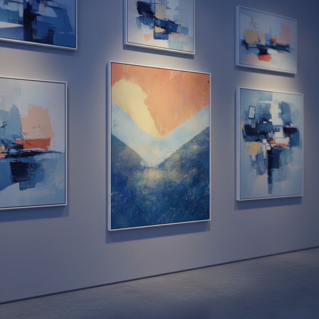 Art gallery with abstract paintings on a wall