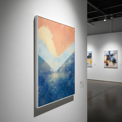 Abstract painting in a gallery setting with other artworks in the background