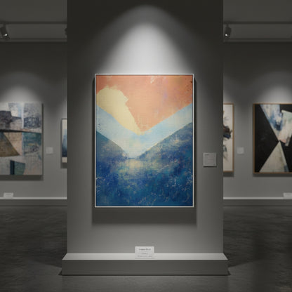 Art gallery with a large abstract painting on a gray wall