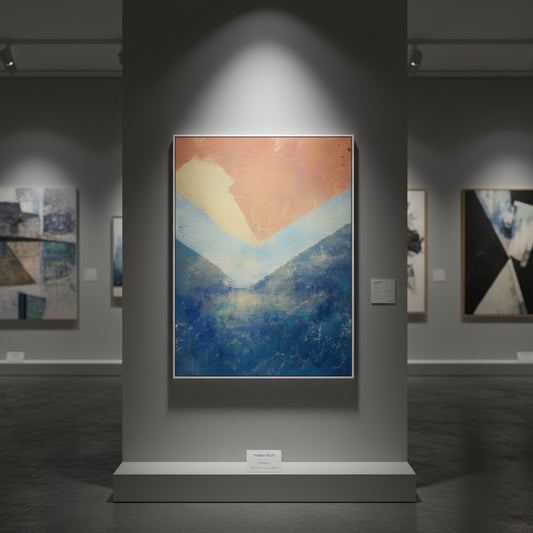 Art gallery with a large abstract painting on a gray wall