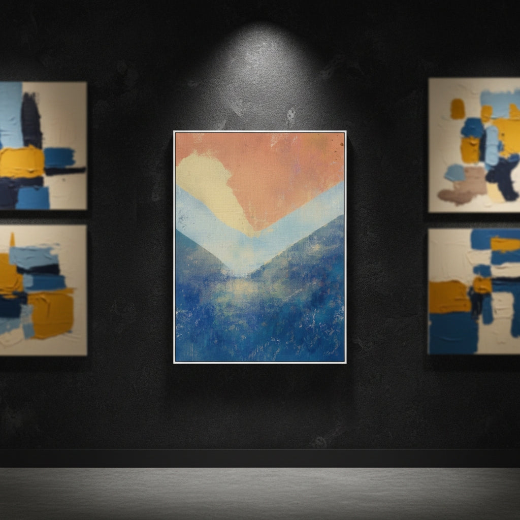 Abstract paintings on a dark wall with a spotlight effect