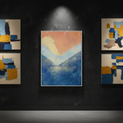 Abstract paintings on a dark wall with a spotlight effect