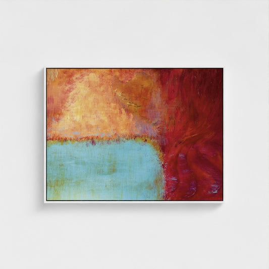 Abstract painting with red, orange, and blue colors on a white background