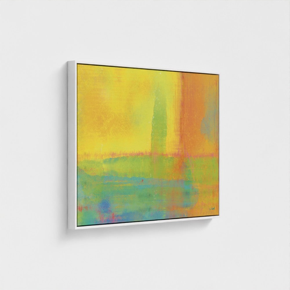 Abstract painting with vibrant colors on a white wall