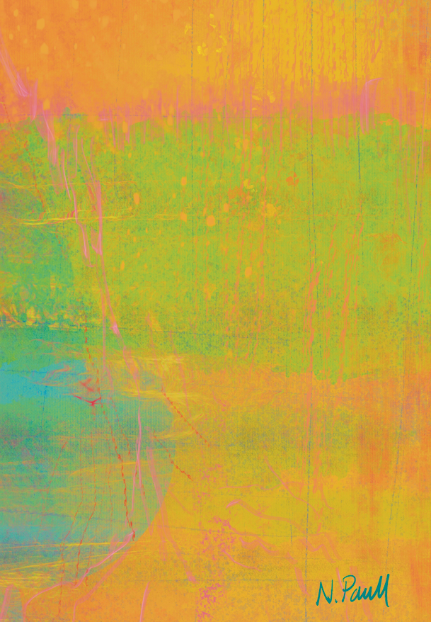 Abstract art with vibrant colors and a signature at the bottom right corner.