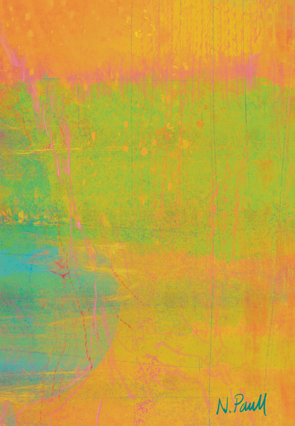 Abstract art with vibrant colors and a signature at the bottom right corner.