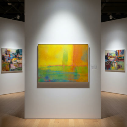 Art gallery with abstract paintings on white walls