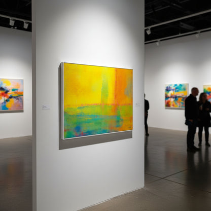 Art gallery with abstract paintings on white walls, people observing art.