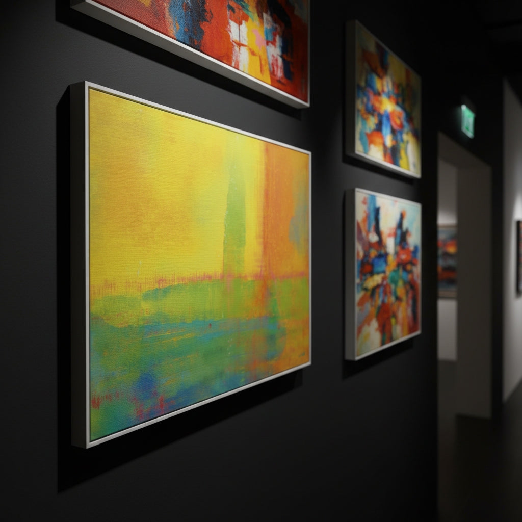 Colorful abstract paintings on a dark wall in an art gallery.
