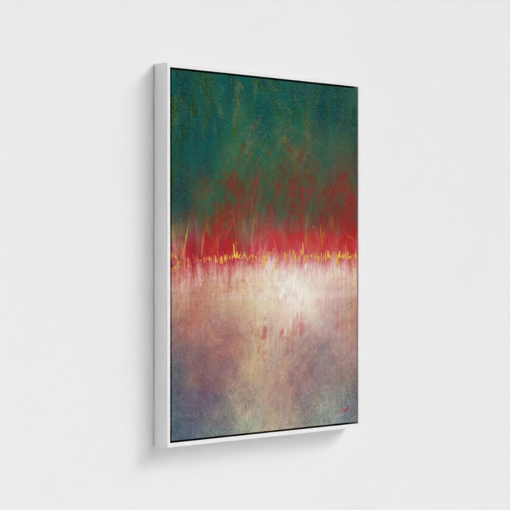 Abstract painting with red, green, and blue colors on a white background